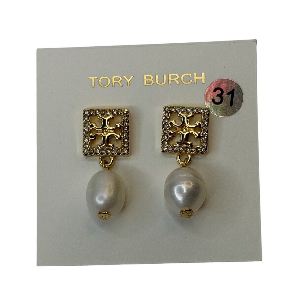 Tory Burch Miller Gold Pave Crystal Pearl Drop Earrings Double T Logo NWT Chic